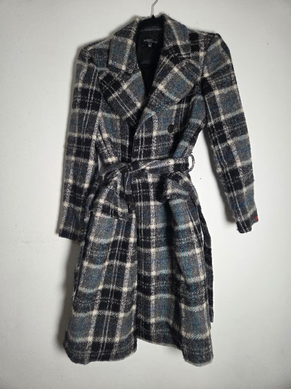 Adele Fado Grey & Blue Tartan Plaid Alpaca & Wool Preppy Tie Waist Peacoat sz 44